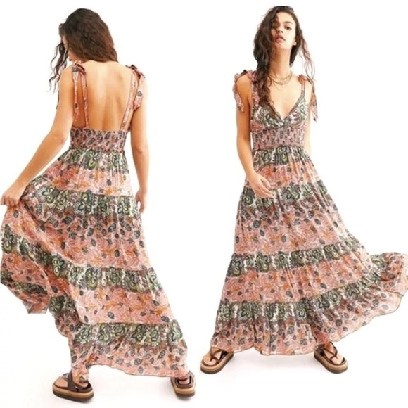 Free People Let's Smock About It Maxi Slip Dress Paisley Print XS - Picture 1 of 8